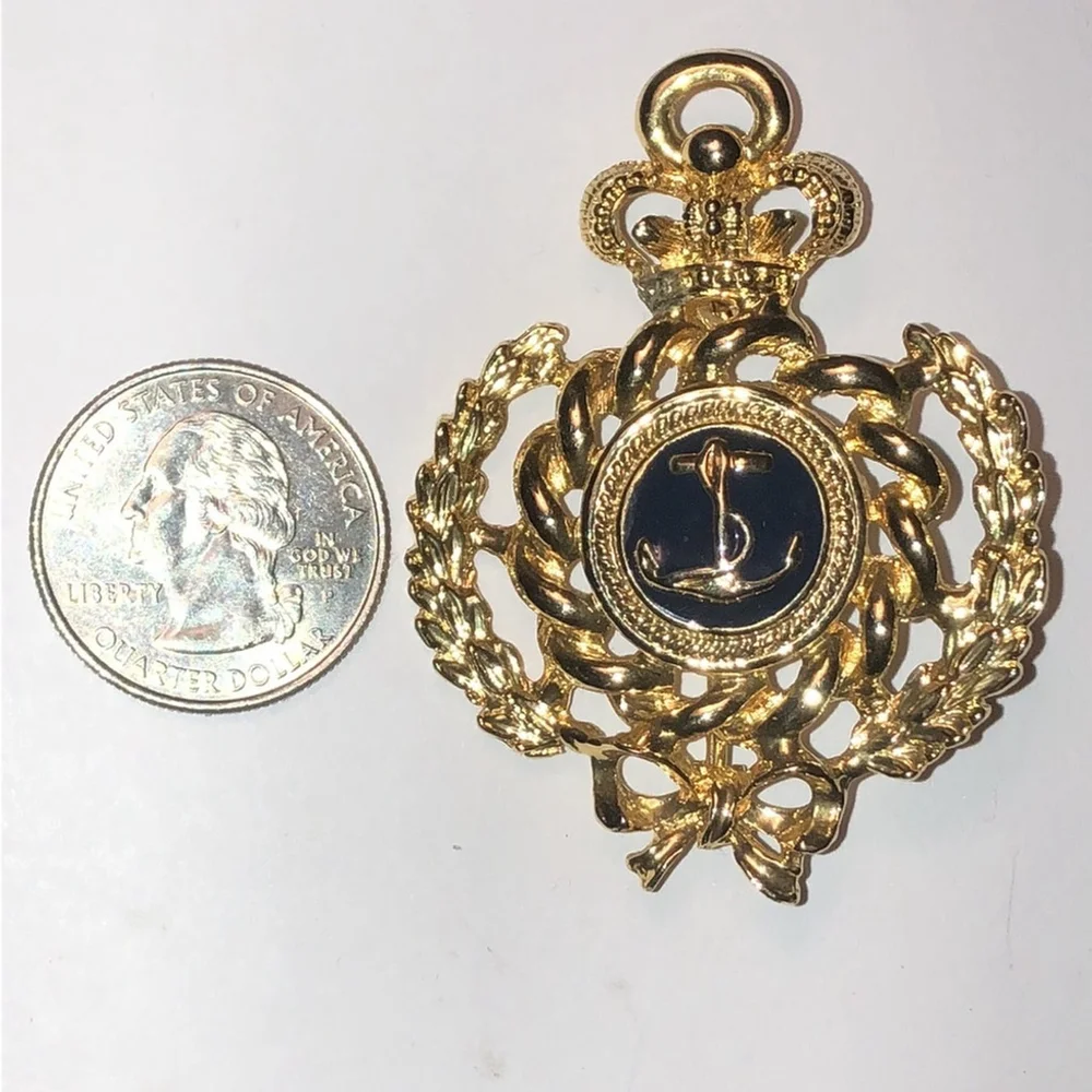 Vintage Gold Tone Blue Enamel Boho Anchor Brooch Nautical Shoulder Pin
